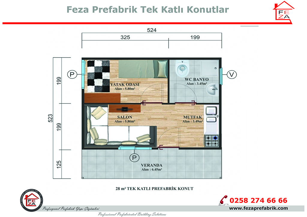 Feza 28 m Tek Katl Prefabrik Konut 