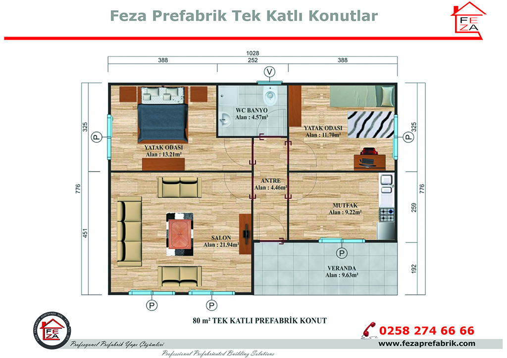 Feza 80 m Tek Katl Prefabrik Konut