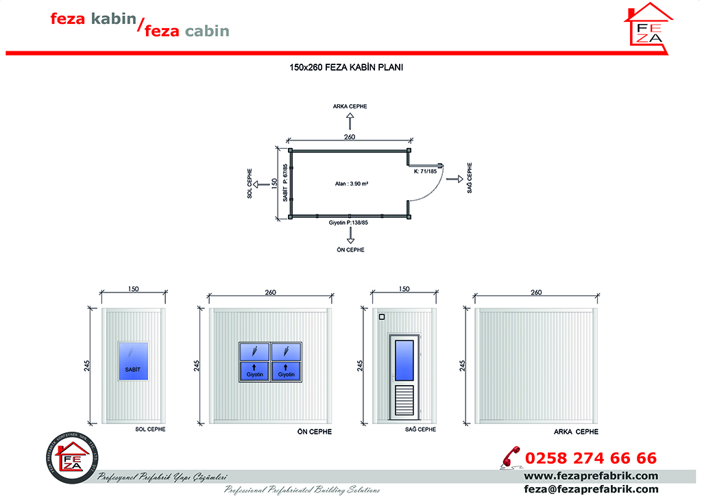 Feza 150x260 cm Ebatl Sandvi Panel Kabin