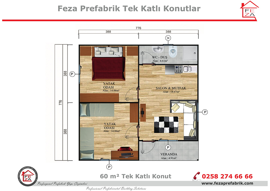 Feza 60 m Tek Katl Prefabrik Konut