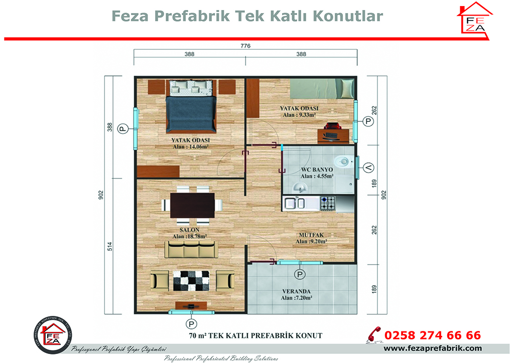 Feza 70 m Tek Katl Prefabrik Konut