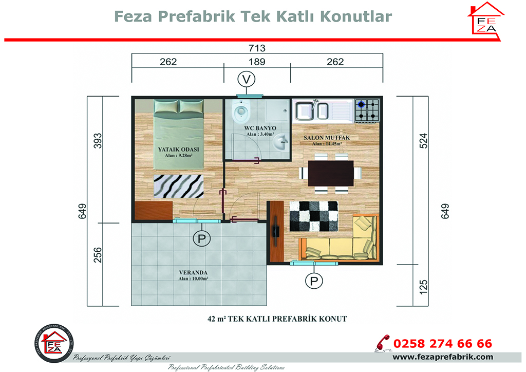 Feza 42 m Tek Katl Prefabrik Konut