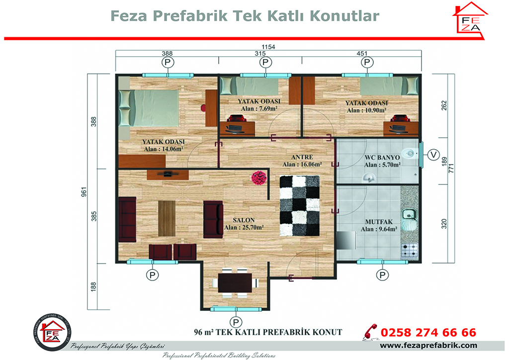 Feza 96 m Tek Katl Prefabrik Konut